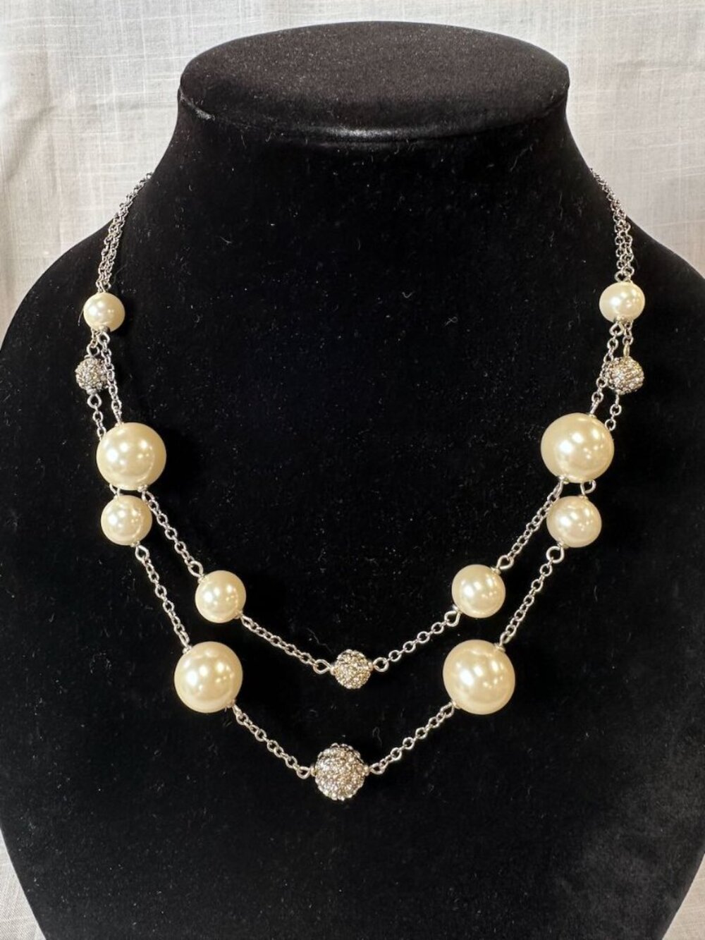 Silver Tone Chain Necklace with Faux Pearl and Rhinestone Pave Beads